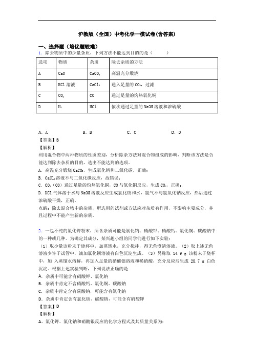 沪教版(全国)中考化学一模试卷(含答案)