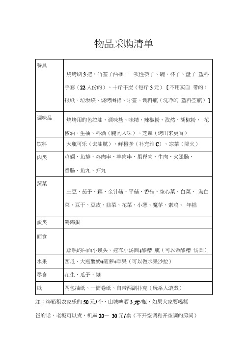 活动聚餐物品清单