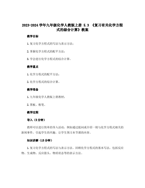 2023-2024学年九年级化学人教版上册 5.3 《复习有关化学方程式的综合计算》教案