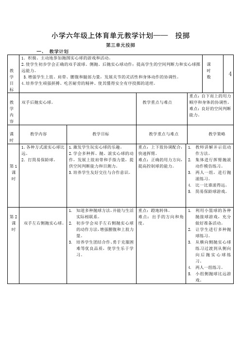 小学六年级上体育单元教学计划——  投掷