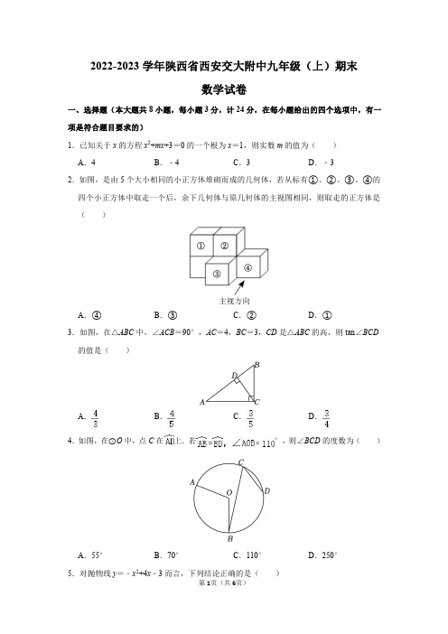 2022-2023学年陕西省西安交大附中九年级(上)期末数学试卷