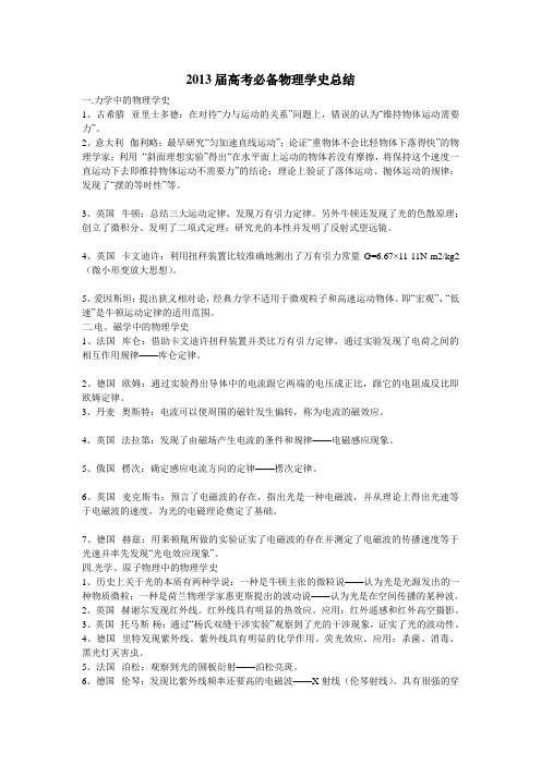 高中物理学史总结复习