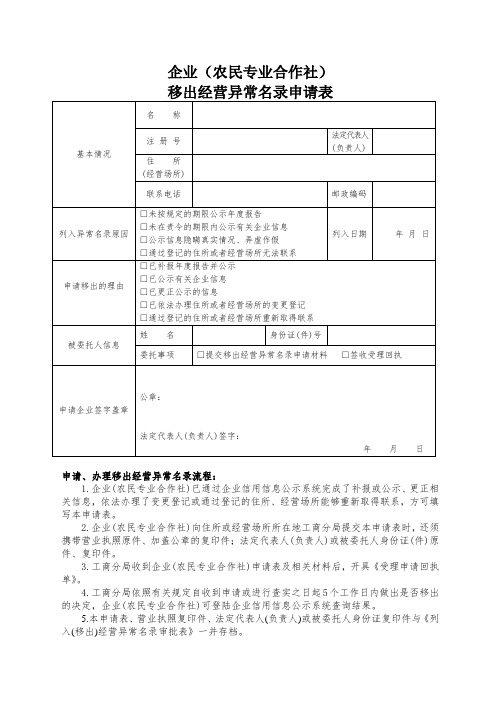 移出经营异常名录申请表