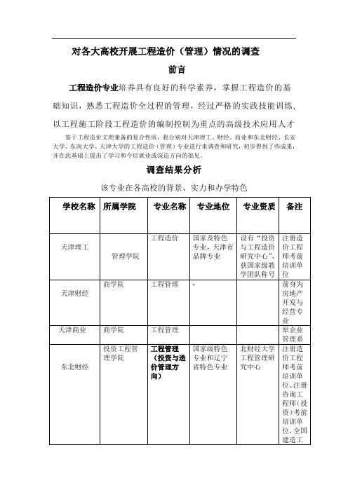 对各大高校开展工程造价的调查