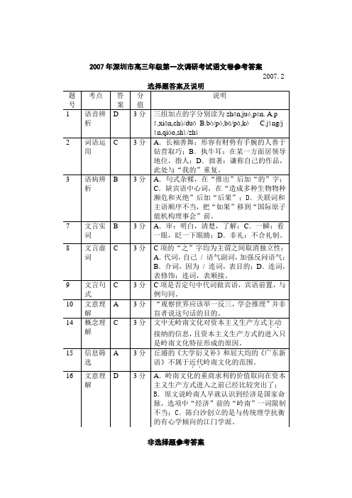 2007年深圳市高三年级第一次调研考试语文卷参考答案(精)