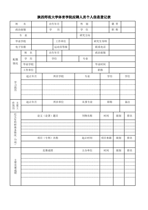 陕西师范大学体育学院应聘人员个人信息登记表