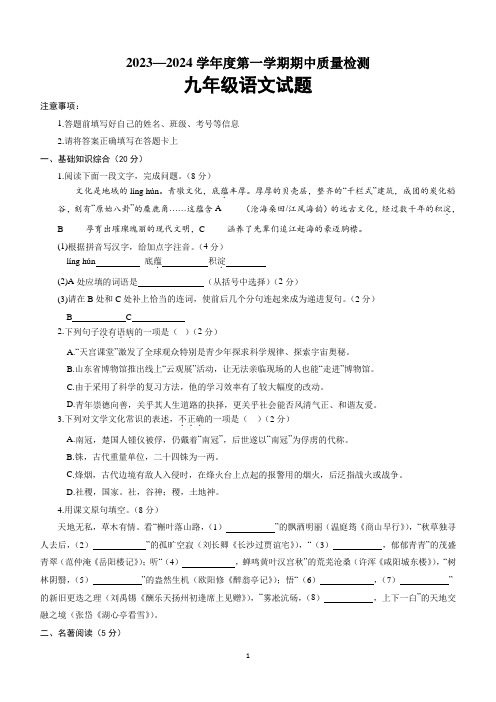 山东省菏泽市东明县2023-2024学年九年级上学期期中考试语文试题(含答案)