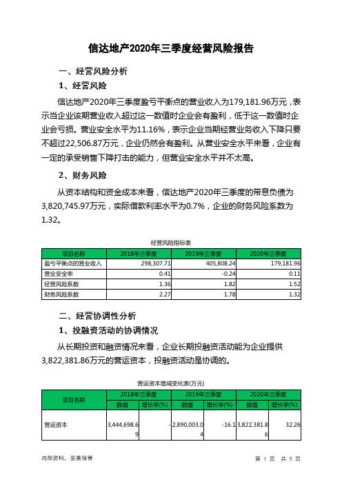 信达地产2020年三季度经营风险报告