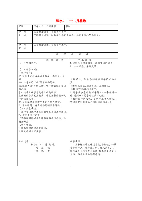 台江区四小一年级语文下册 第四单元 识字《二十二月花歌》教案 语文A版一年级语文下册第四单元识字二