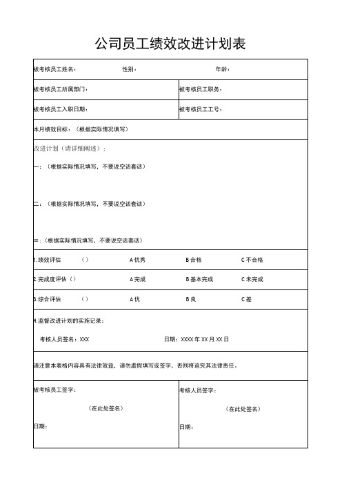 绩效改进计划表