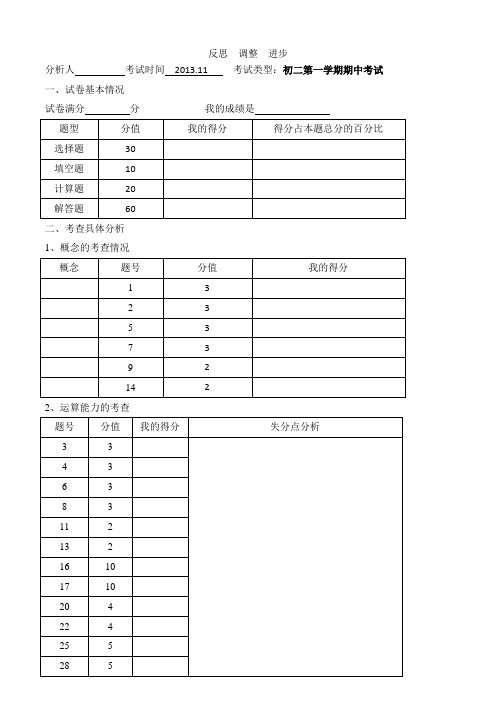 2012-10-10月考-本校试卷-学生试卷分析模板-反思  调整  进步