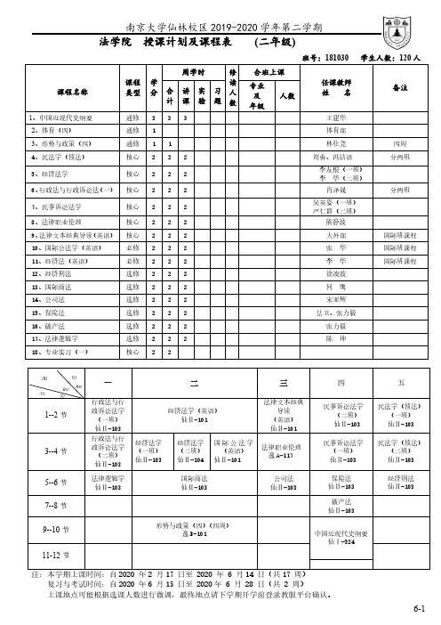 南京大学仙林校区2019-2020学年第二学期授课计划及课程表