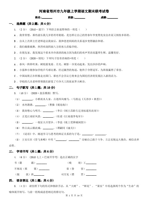 河南省郑州市九年级上学期语文期末联考试卷