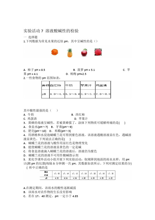 人教版九年级化学 第十单元 实验活动7 溶液酸碱性的检验 同步练习题 有答案