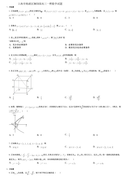 上海市杨浦区2023届高三一模数学试题