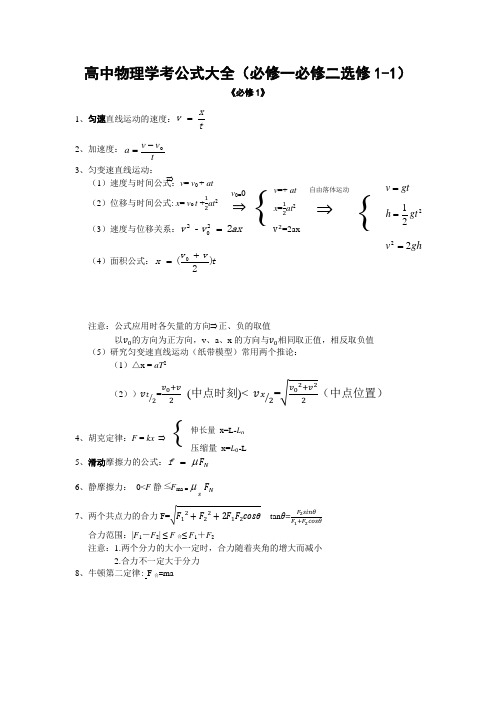 高中物理学考公式大全(必修一必修二选修1-1)