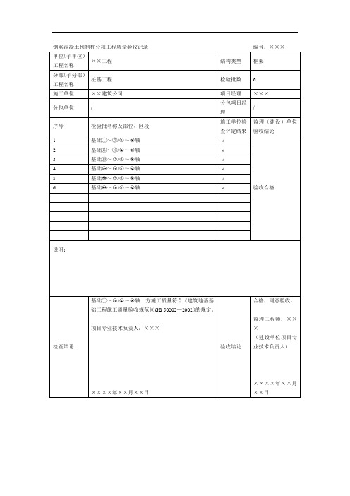 钢筋混凝土预制桩分项工程质量验收记录