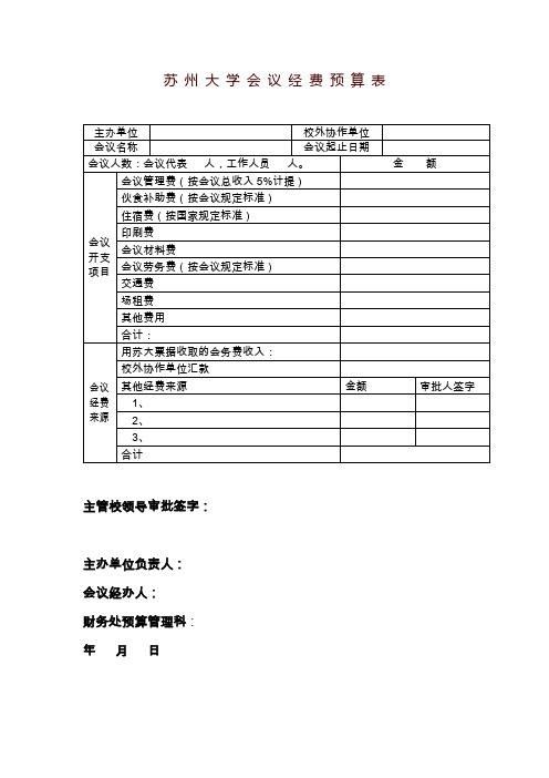 苏州大学会议经费预算表