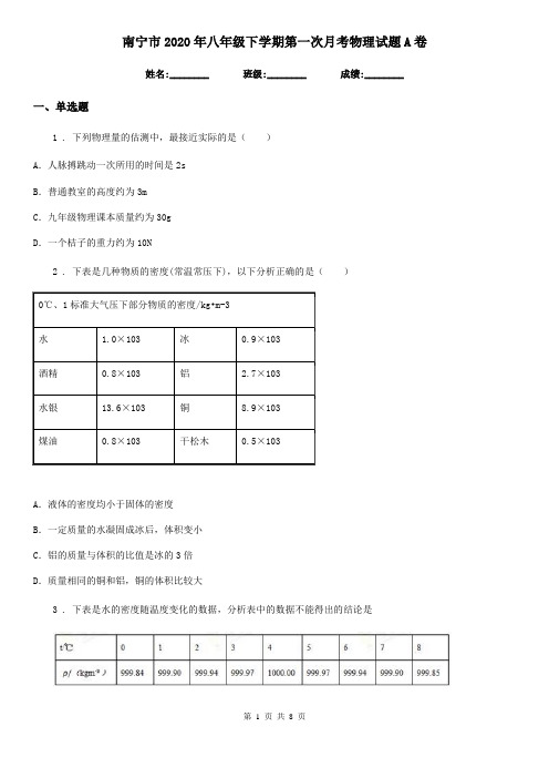 南宁市2020年八年级下学期第一次月考物理试题A卷