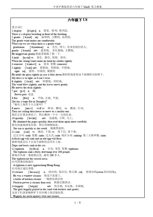 牛津沪教版英语六年级下Unit8 复习教案