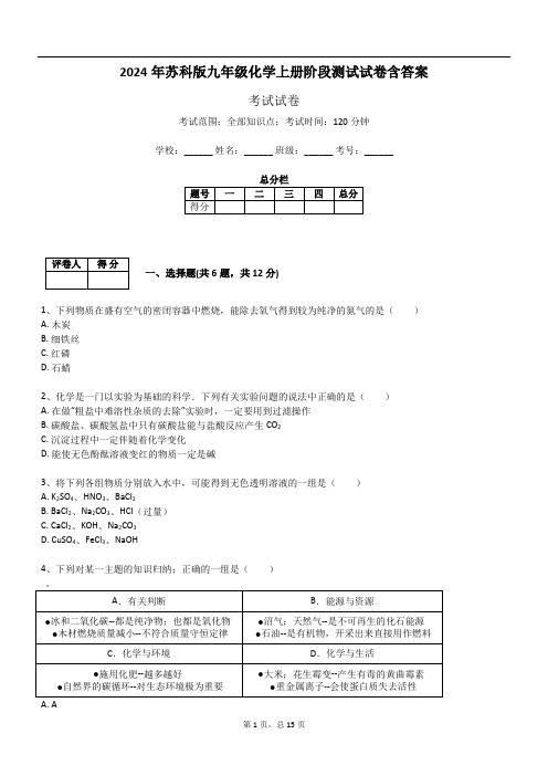 2024年苏科版九年级化学上册阶段测试试卷含答案