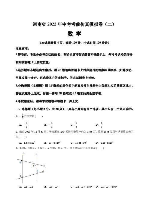 河南省2022年中考数学考前仿真模拟测试卷(二)(含答案与解析)