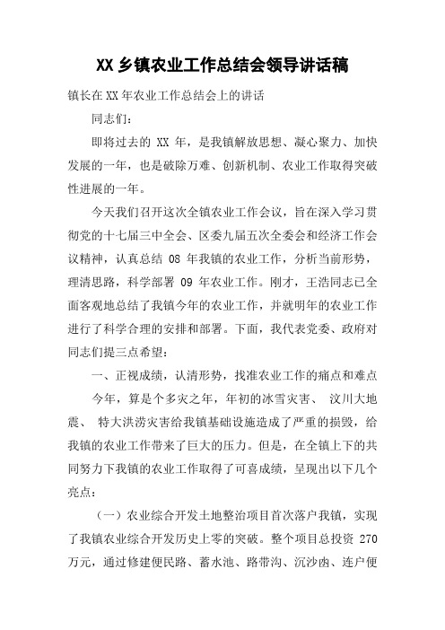 XX乡镇农业工作总结会领导讲话稿