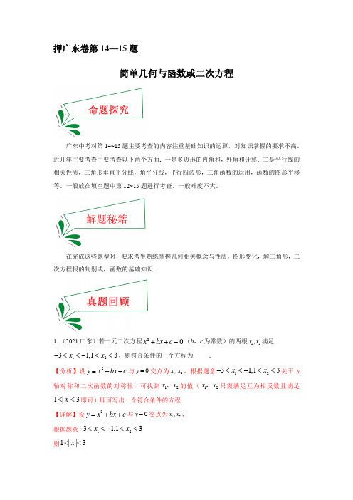 中考数学临考题号押广东卷14~15题(简单几何与函数或二次方程)(解析版)