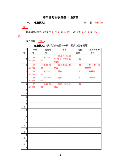 停车场时租收费统计日报表(样板)