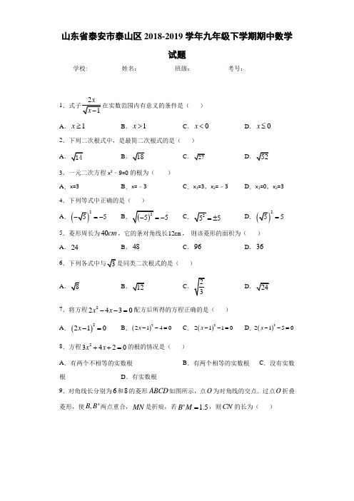 山东省泰安市泰山区2018-2019学年九年级下学期期中数学试题