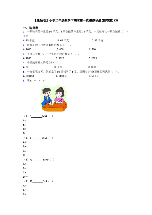 【压轴卷】小学二年级数学下期末第一次模拟试题(附答案)(3)