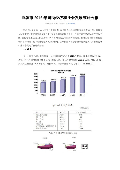 邯郸市2012年国民经济和社会发展统计公报