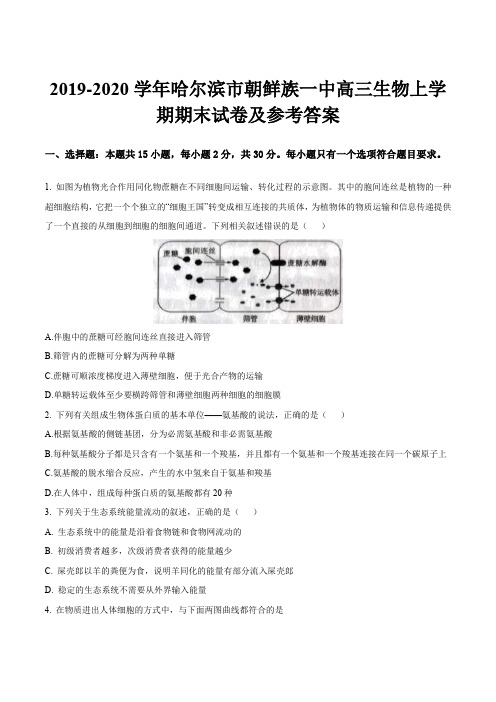 2019-2020学年哈尔滨市朝鲜族一中高三生物上学期期末试卷及参考答案