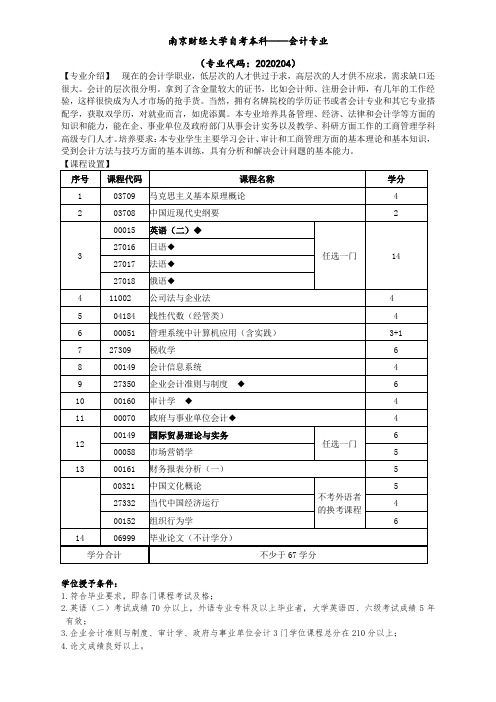 南京财经大学自考本科 会计专业有哪些课程？