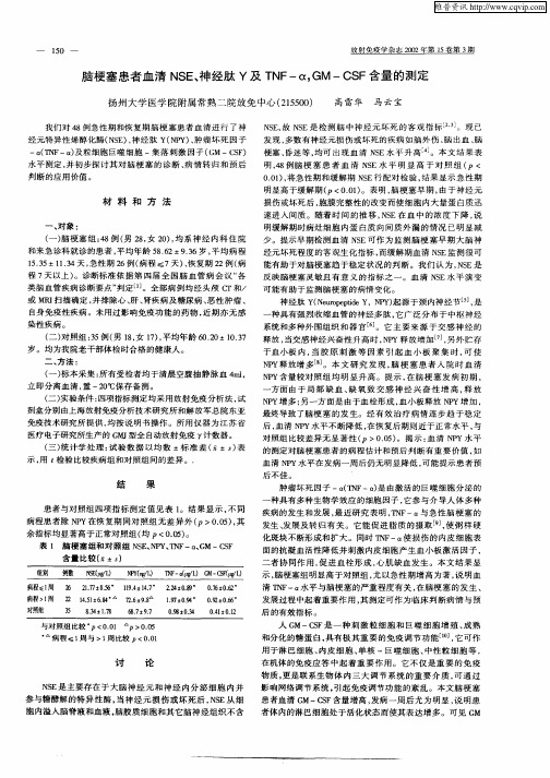 脑梗塞患者血清NSE、神经肽Y及TNF—α,GM—CSF含量的测定