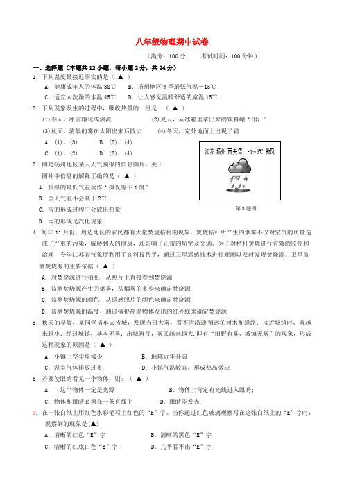 江苏省扬州市江都区七校联谊八年级物理上学期期中试题