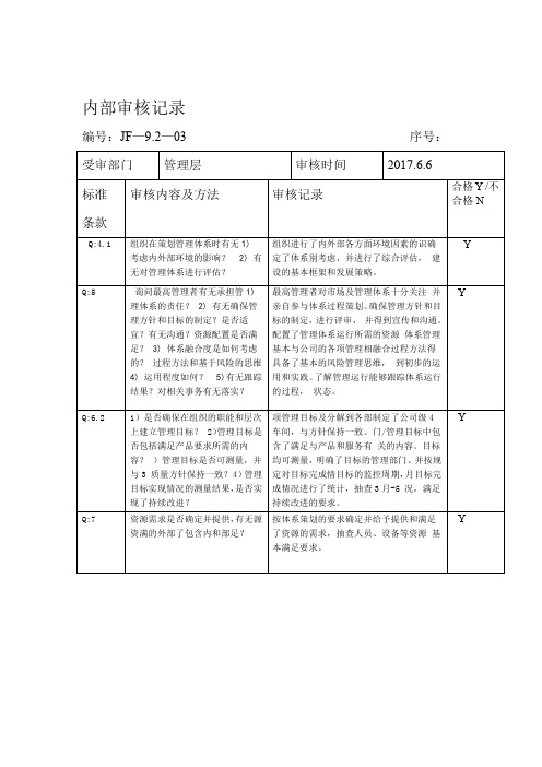 2015版质量体系各部门内审检查表及审核记录