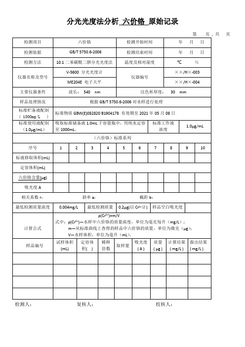 分光光度法分析 六价铬 原始记录