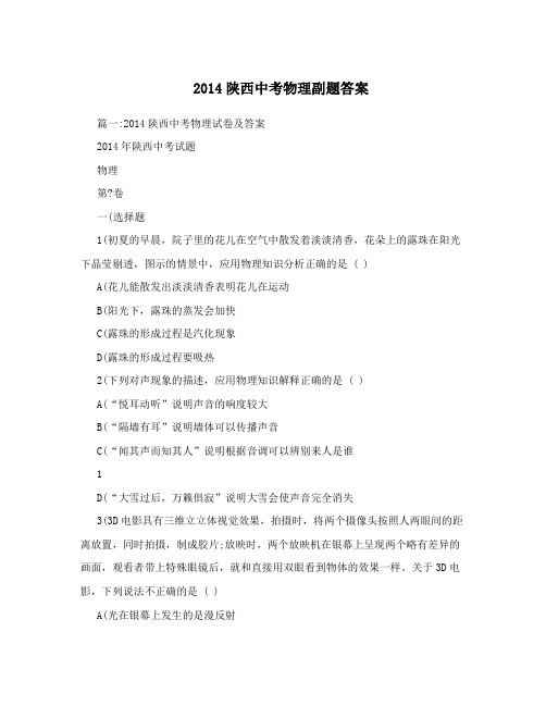 2014陕西中考物理副题答案