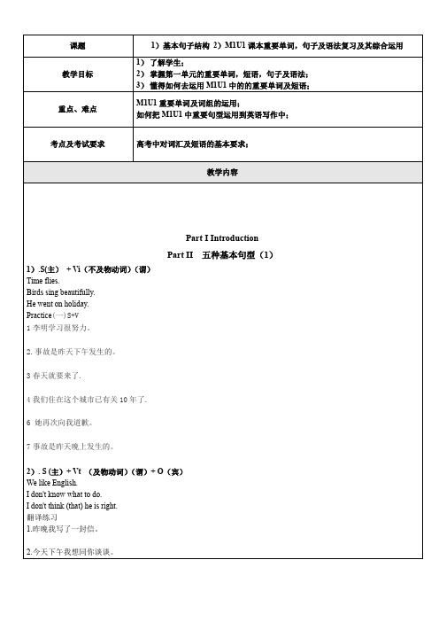 高三英语 基本句型,M1U1基本词汇,重要句型及语法的复习