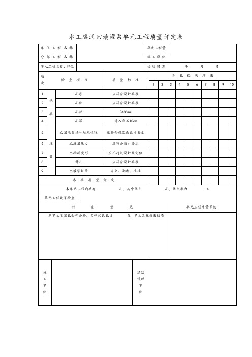 水工隧洞回填灌浆单元工程质量评定表