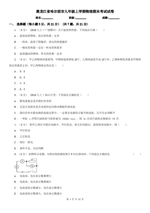 黑龙江省哈尔滨市九年级上学期物理期末考试试卷