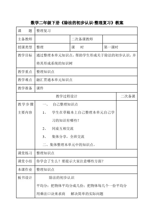 数学二年级下册《除法的初步认识-整理复习》教案