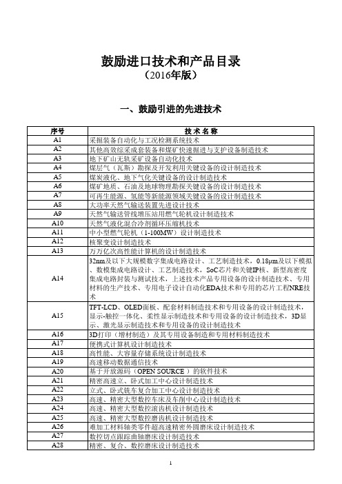 2016年商务部鼓励进口技术和产品目录