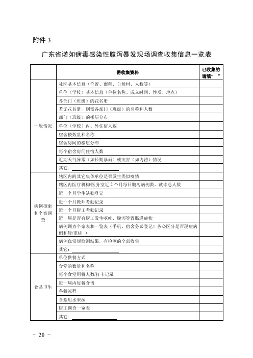 广东省诺如病毒感染性腹泻暴发现场调查收集信息一览表