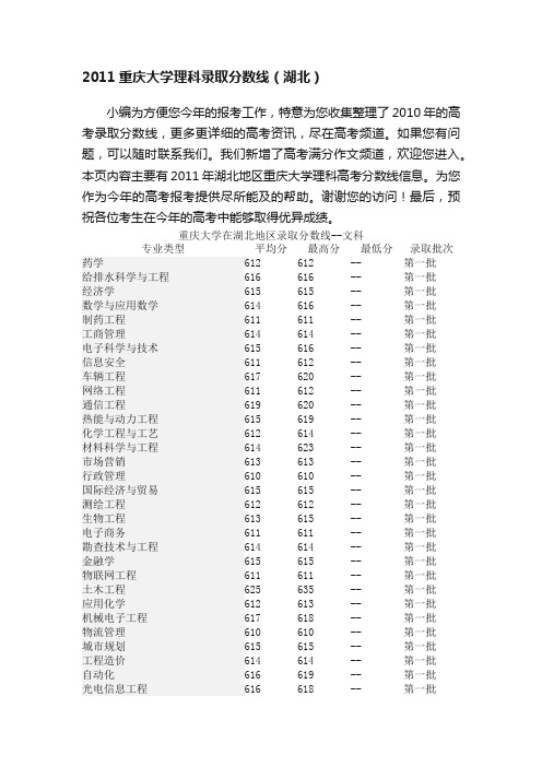 2011重庆大学理科录取分数线（湖北）