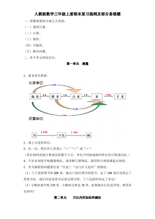 最新人教版三年级上册数学期末复习提纲及部分易错题页