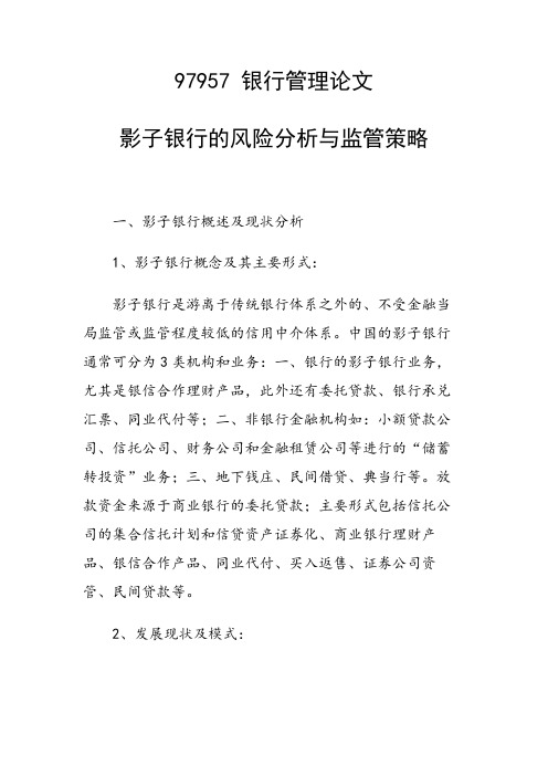 研究论文：影子银行的风险分析与监管策略