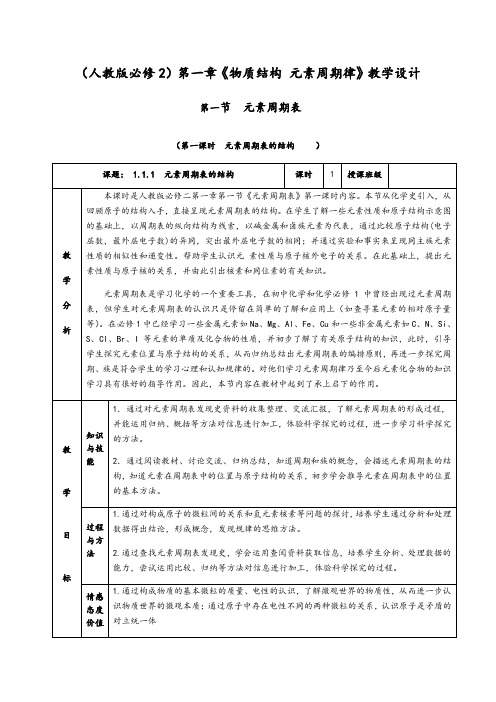 1.1.1《元素周期表的结构》教学设计(含解析)  2020-2021学年人教版高一化学必修二 