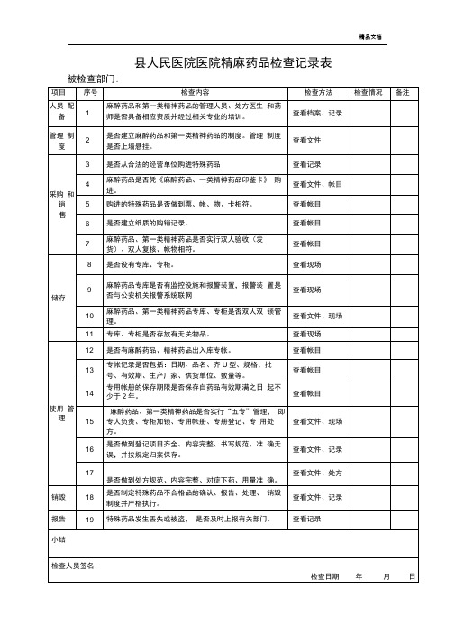 医院精麻药品检查记录表